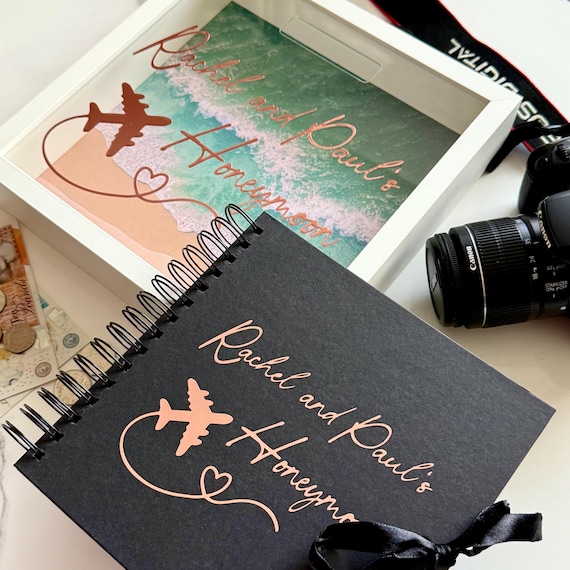 Personalised Honeymoon Fund Money Box & Scrapbook – Custom Wedding Gift Set