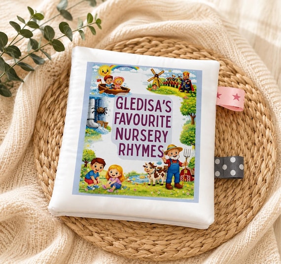 Personalised Fabric Nursery Rhyme Book - Custom Crinkle Sensory Toy and Baby Keepsake (12x12cm)