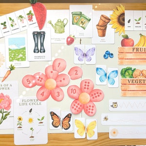 Unidad de estudio de jardín de primavera imprimible, Educación en el hogar bilingüe imprimible, Actividades preescolares de primavera, Ciclo de vida de la fresa, Cesta matutina