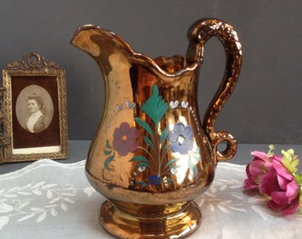 Antique English lusterware pitcher. 19th Staffordshire jug. Copper glaze and flowers ceramic pitcher. Jersey pottery.
