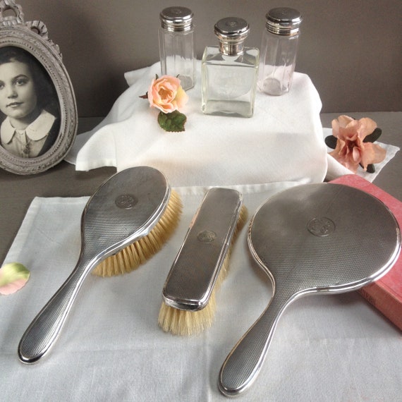 Antique Sterling Silver Guilloche Vanity Set Dresser Monogram Vg Hair Brush Mirror And Flask Edwardian Antique Sterling Silver Guilloche, Silver Vanity Set Brush And Mirror
