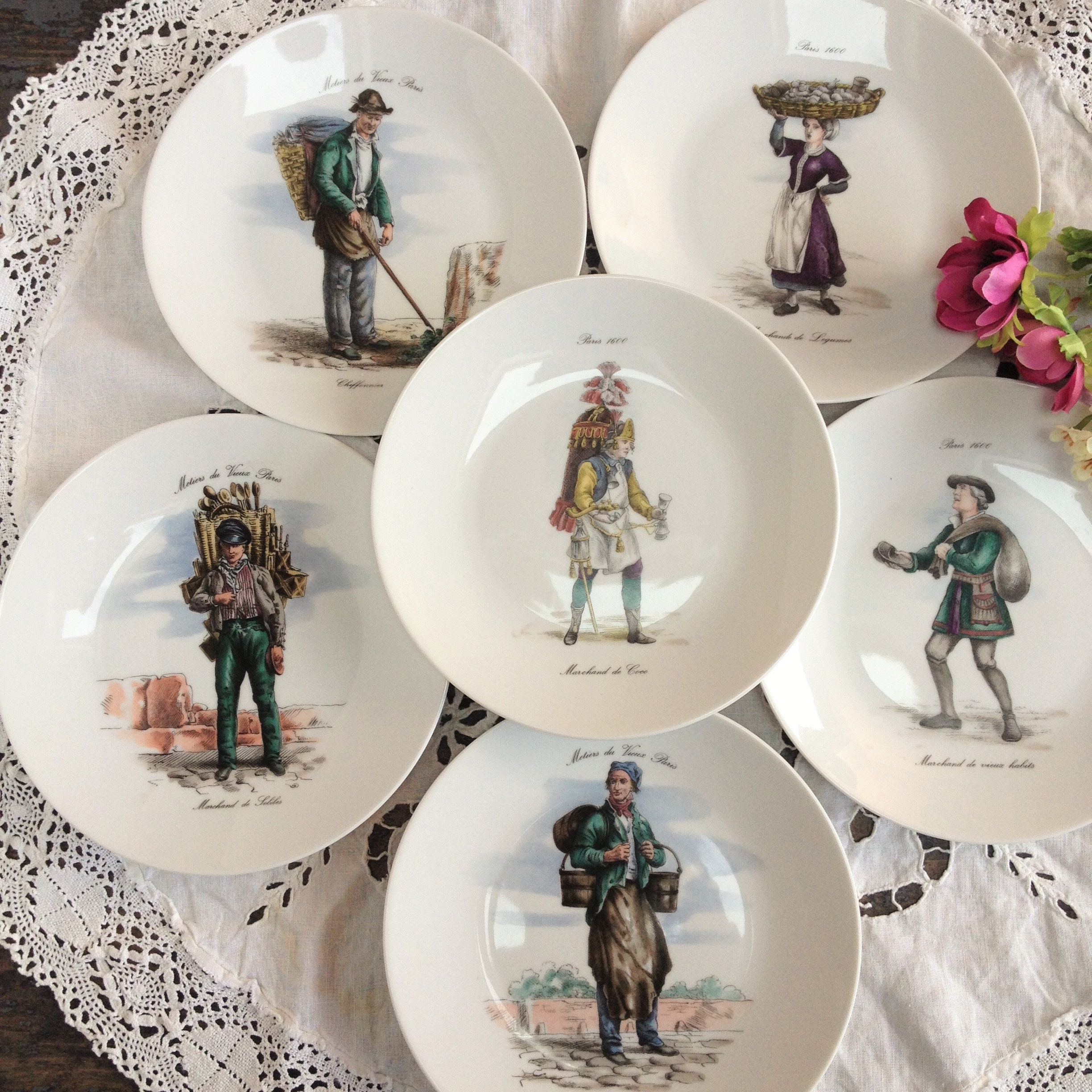 6 Assiettes à Dessert en Porcelaine Vieux Métiers de Paris. Assiettes Fromage Française Vintage. Par