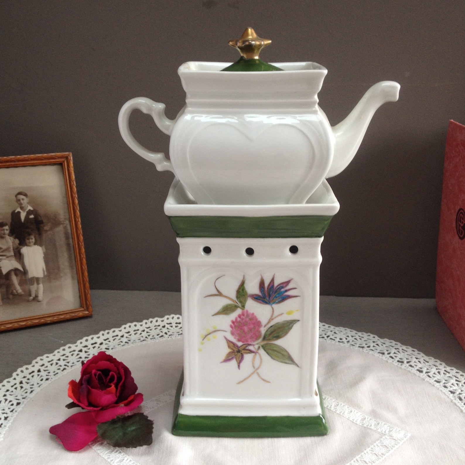 Vintage teapot and warmer with tealight. Herb tea pot. Etsy