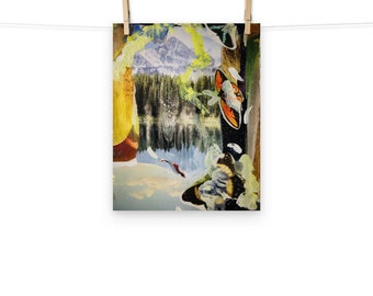 May include: A collage of images featuring a mountain range, a lake, and butterflies. The collage is made up of different textures and colours, including blue, green, yellow, and brown.
