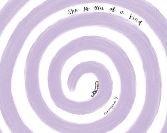 Op de afbeelding: Een paars en wit spiraalontwerp met een kleine illustratie van een persoon die in het midden zit. De tekst "She is one of a kind." staat bovenaan de afbeelding. De tekst "Enneagram 4" staat onderaan de afbeelding.