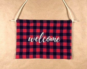 Welcome Buffalo Check Hanging Banner || Plaid Flannel Embroidery art