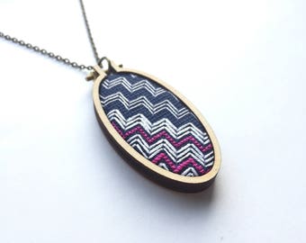 Embroidered Necklace || 2.25" miniature embroidery hoop pendant, blue, white, and magenta