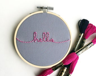 Script Hello || 4 inch Gray and Magenta Pink Embroidery Hoop Art