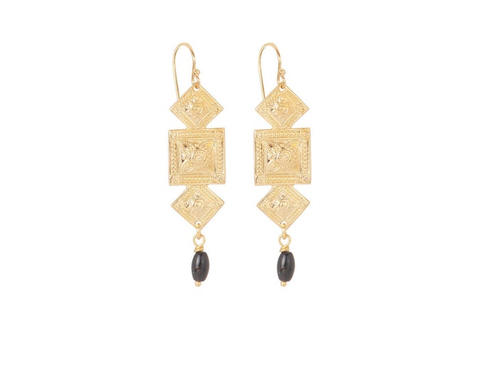 Antique geometric gold earrings with a black agate drop