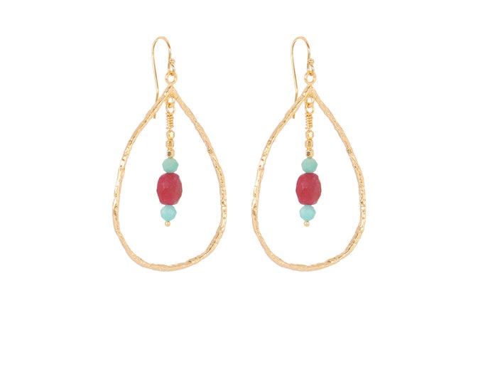 Earrings with hammered drops and natural stones in blue and ruby red