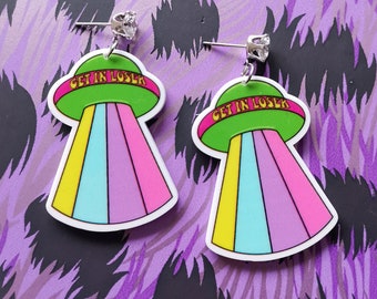Green Funky Alien Spaceship Themed Stud Dangle Earrings Retro Look Cartoon &#39;Get in Loser&#39;