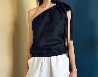 Eine Schulter Schwarzes Leinen Top: Asymmetrische Avantgarde Bluse