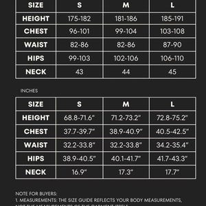 May include: Size guide chart for clothing with measurements in inches and centimeters. The chart includes height, chest, waist, hips, and neck measurements for sizes S, M, and L.