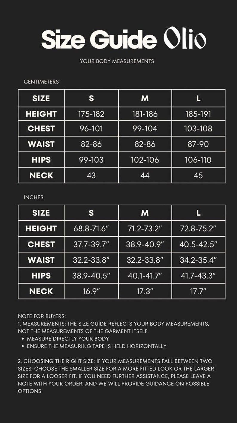 May include: Size guide chart for clothing with measurements in inches and centimeters. The chart includes height, chest, waist, hips, and neck measurements for sizes S, M, and L.