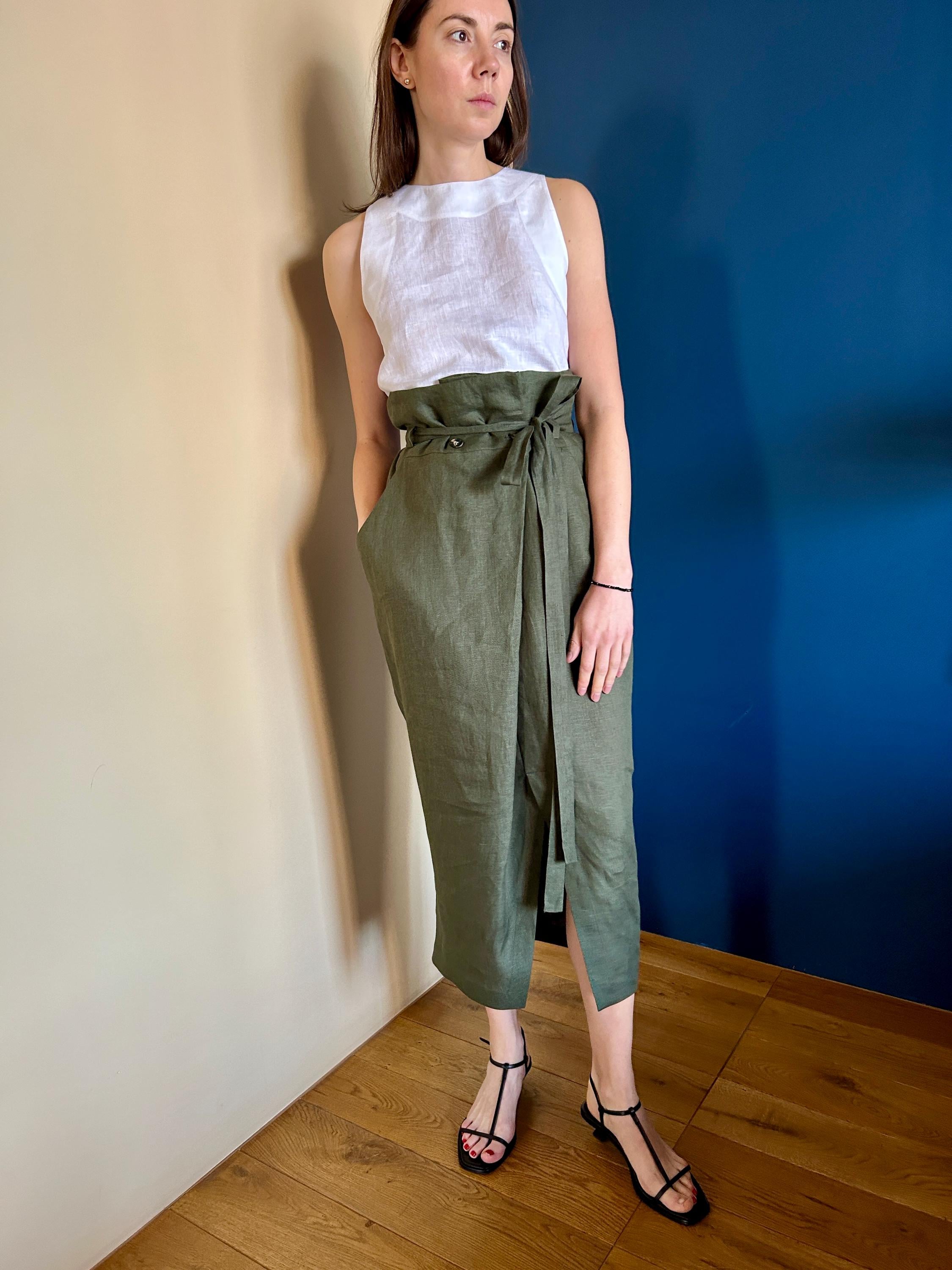 High Waisted Linen Wrap Skirt: Belted Midi Skirt With Pockets - Etsy