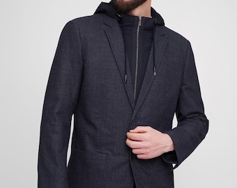 Blazer in misto lana italiana: cappotto sportivo urbano da uomo con cappuccio staccabile