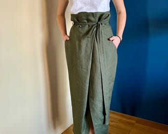 High Waisted Linen Wrap Skirt: Belted Midi Skirt with Pockets