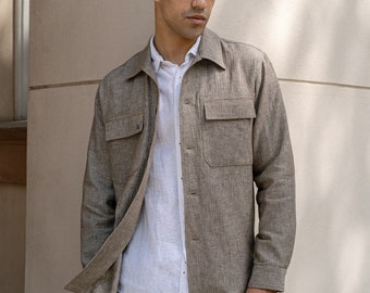 Lyxig linneöverskjorta, elegant linneskjorta, arbetsjacka, måttbeställd