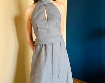 Linen Halter Top: Gray Bohemian Open Back Tie Top