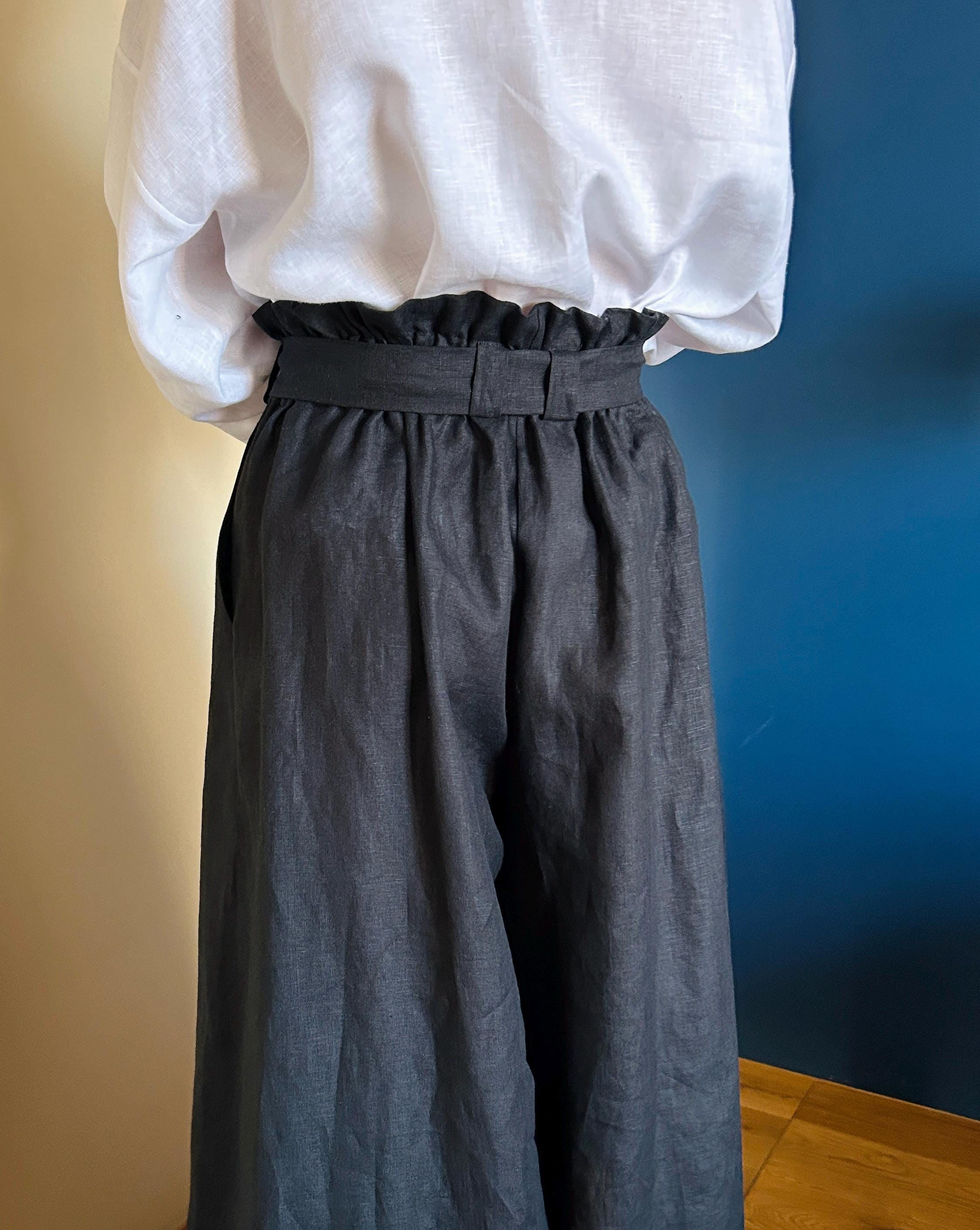 Black Linen Hakama Pants: High Waisted Wide Leg Culottes, Palazzo