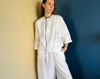 White Linen Oversized Tunic Top: Loose Fit Longsleeve Blouse