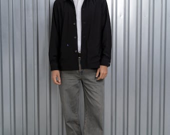 Camisa de mezcla de lana: Chaqueta de trabajo negra, camisa oversize para hombre