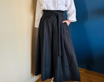 Black Linen Hakama Pants: High Waisted Wide Leg Culottes, Palazzo Pants, Skirt Trousers