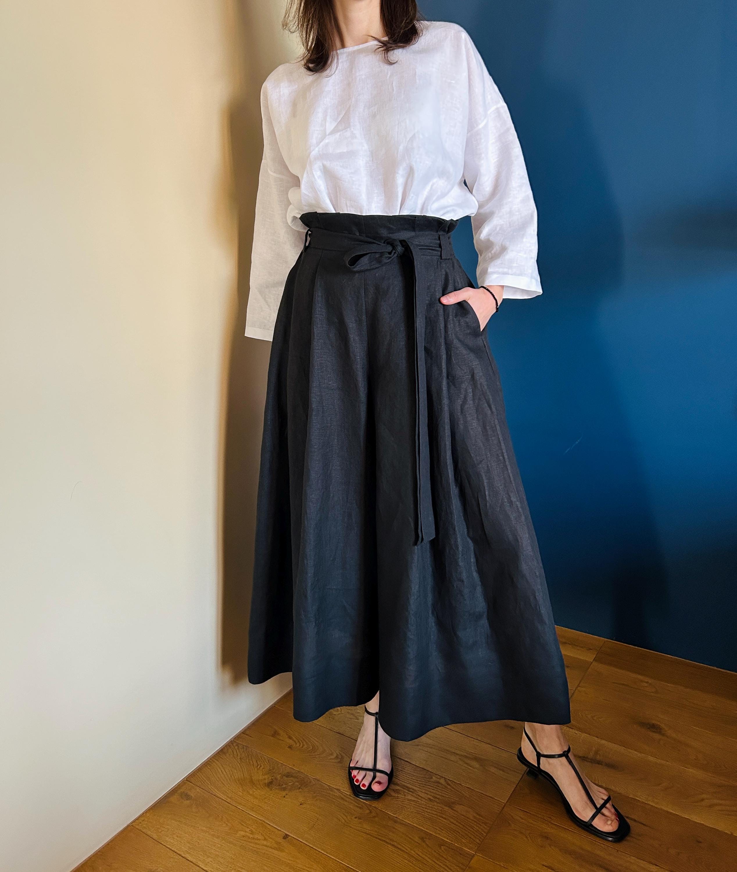 Black Linen Hakama Pants: High Waisted Wide Leg Culottes, Palazzo