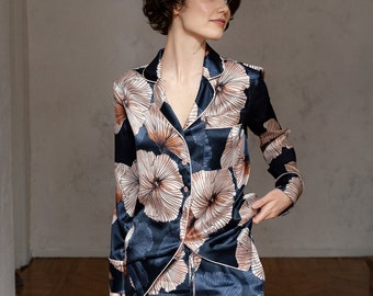 Silk Pajama Set: Floral Lounge Sleepwear, Silk Shirt and Shorts