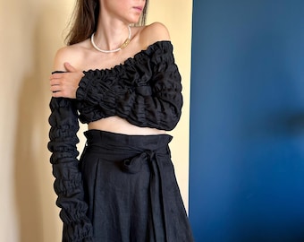 Black Linen Crop Top: Long Sleeve Off-Shoulder Boho Blouse