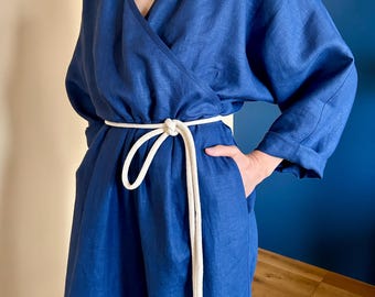 Blue Linen Jumpsuit: Boho Long Sleeve Romper with Rope Belt