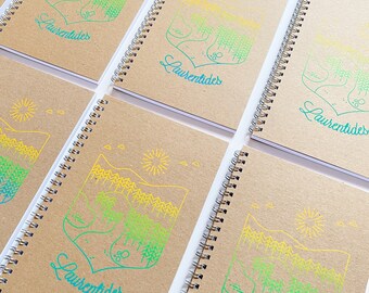 Handmade notebook, Laurentians, Quebec, 100% recycled paper, hand printed, travel, drawing, gift