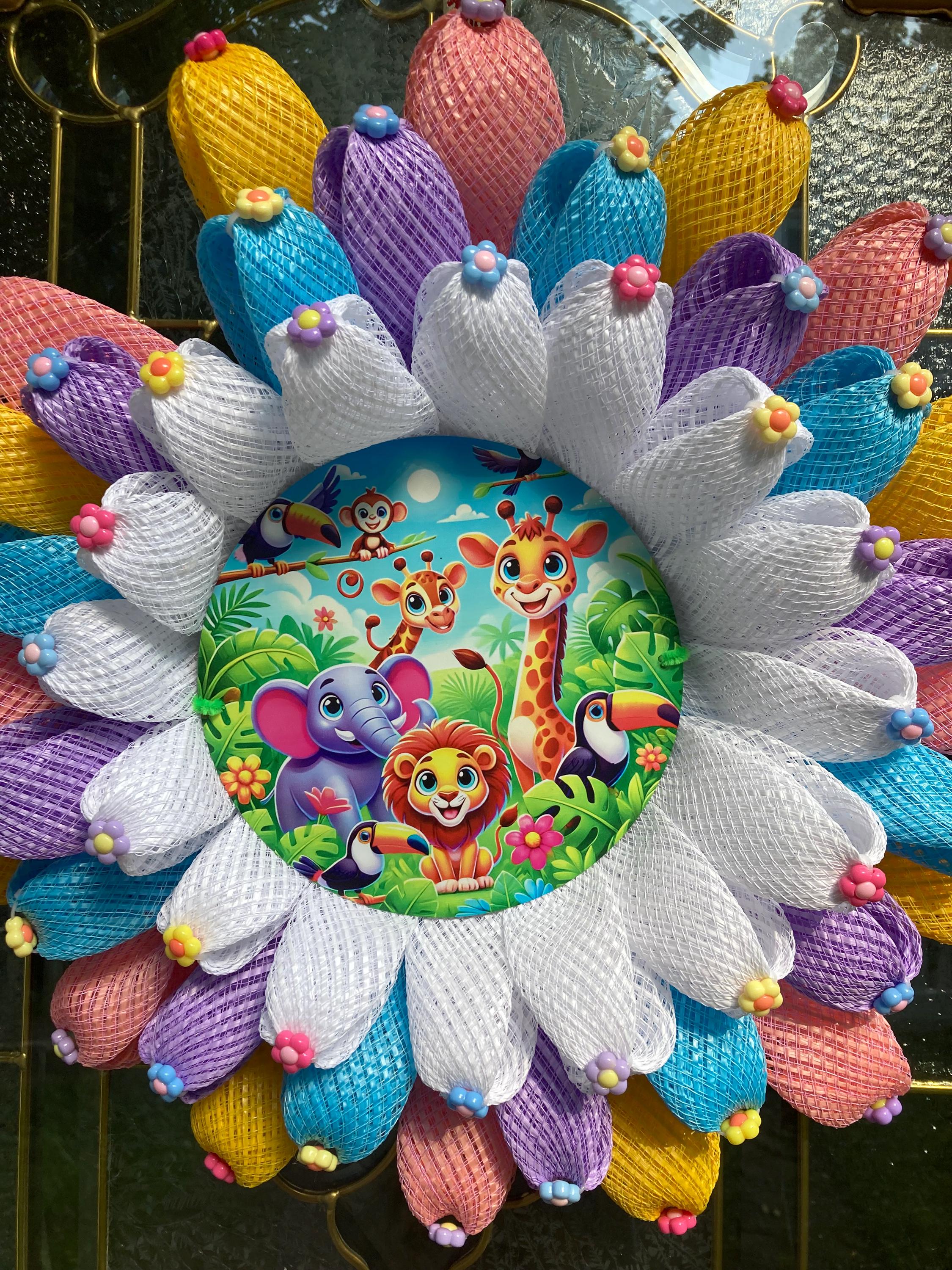 Safari Animal Nursery Wreath Jungle Lion Giraffe Elephant Kids Room ...