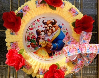Beauty and the Beast Wreath - Belle Enchanted Rose Yarn Decor - Disney Princess Door