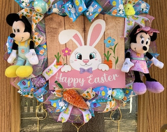 Mickey and Minnie Easter Wreath, Everyday Wreath, Front Door Welcome, Easter  Wreath with Lights