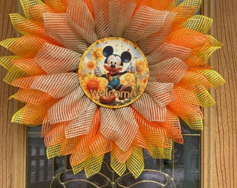 Mickey Sunflower Wreath, Everyday Wreath, Front Door Welcome, Summer Welcome Wreath