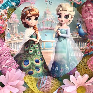 Close-up of the coordinating metal sign on a Frozen Fever wreath, showing vibrant sunflower patterns and character artwork of Anna and Elsa.