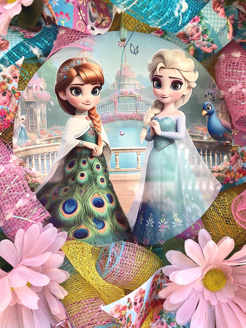 Close-up of the coordinating metal sign on a Frozen Fever wreath, showing vibrant sunflower patterns and character artwork of Anna and Elsa.