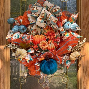 Beautiful Fall Wreath with Pumpkin Sign, Autumn Front Door Decor, Thanksgiving Wreath, Rustic Harvest Leaves, Farmhouse Entryway