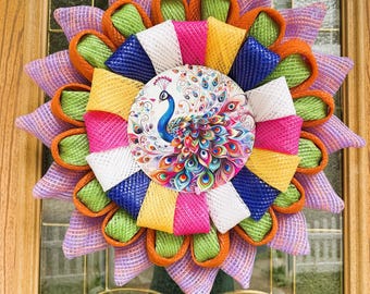 22" Elegant Peacock Wreath - Vibrant Colorful Deco Mesh Front Door Hanger & Wall Decor