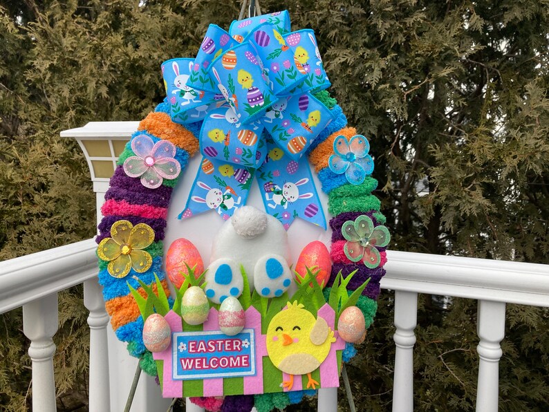 Easter Bunny Egg Wreath – Spring Door Decor With Pastel Eggs and Chick ...