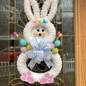 Spring Easter Bunny Wreath: Festive Door Decor with Colorful Flowers and Rabbit