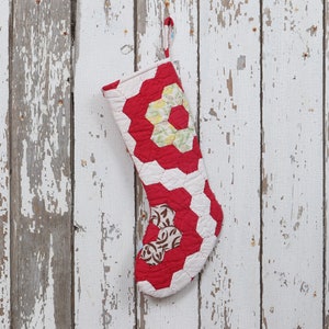 Antique Quilt Hand Quilted Hand Stitched Red & White Christmas Stocking Grandma's Flower Garden Vintage Quilt