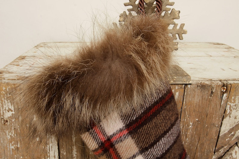 Vintage Brown Plaid Wool Blanket Retro Raccoon Fur Cuff Shabby Chic Real Fur Petite Country Christmas Stocking