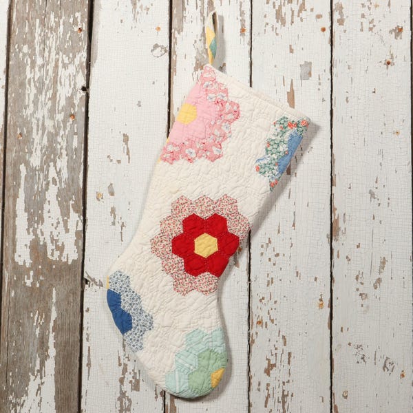 Christmas Stocking, Grandmas Garden Vintage Hand Stitched Quilt Christmas Stocking - Flower, Hand Quilted, Antique Quilt