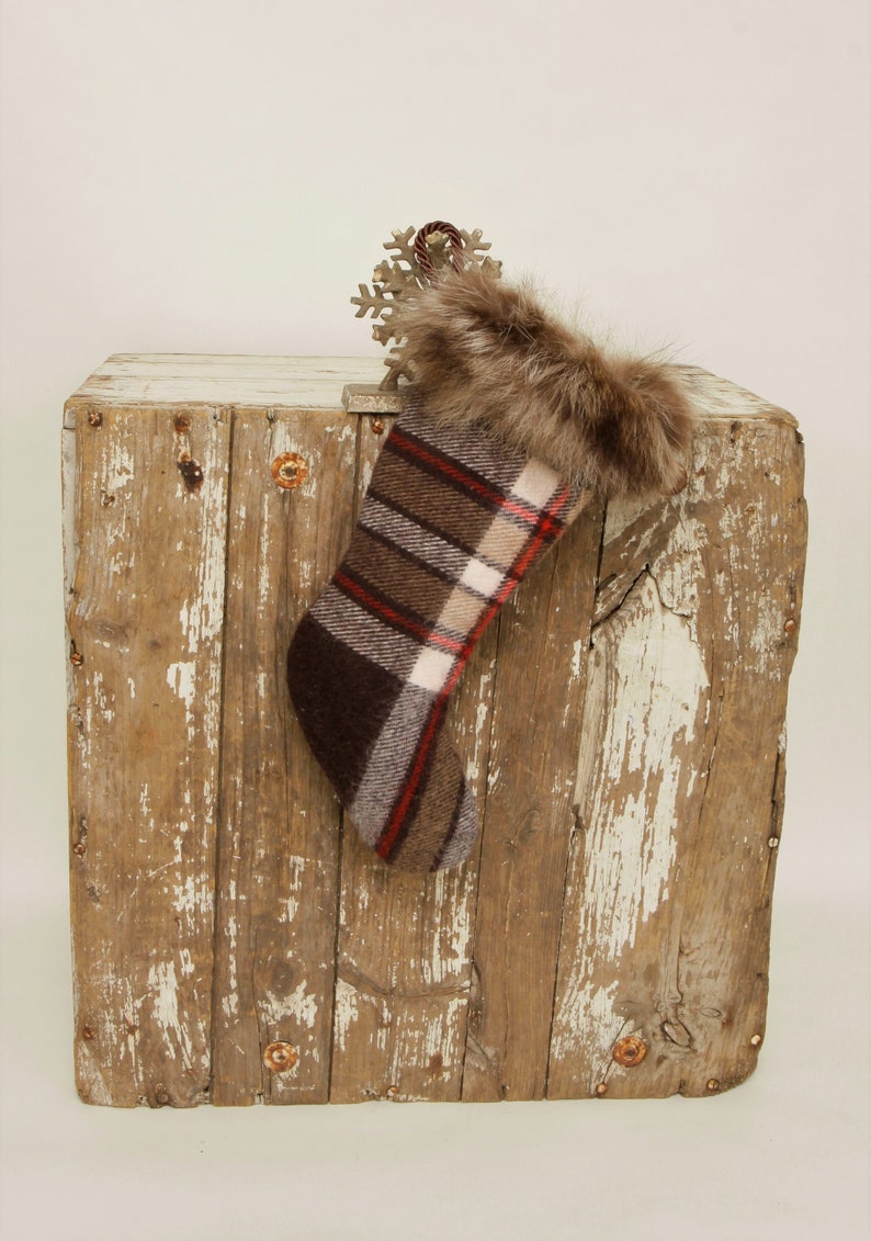 Vintage Brown Plaid Wool Blanket Retro Raccoon Fur Cuff Shabby Chic Real Fur Petite Country Christmas Stocking