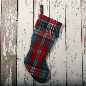 Vintage Red and Green Plaid Wool Blanket Christmas Stocking
