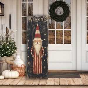 Primitive Santa Americana Vintage Christmas Welcome Sign, Rustic Country Farmhouse Cottage Porch Decor, Large Canvas Wall Art