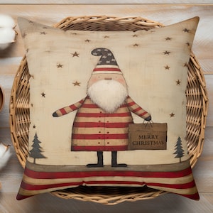 Primitive Santa Americana Vintage Christmas Throw Pillow, Rustic Country Farmhouse Cottage Seasonal Winter Decor, Merry Christmas Gift for