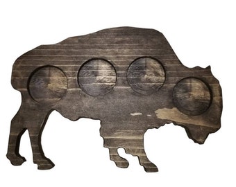 Buffalo flight board with four glasses. Flight Board, Beer Tasting, Wine Tasting, Dessert Tasting Flight Board